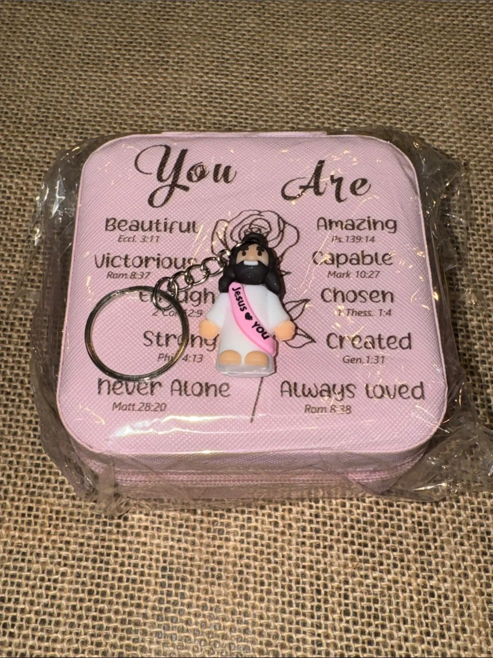 Pink Travel Inspirational Zip Around Jewelry Box with Baby Jesus Keychain